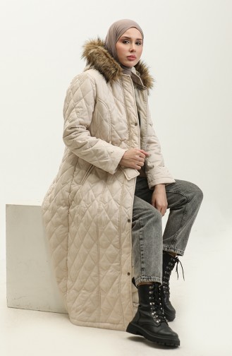 Furry Belted Quilted Coat 504223A-05 Beige 504223A-05