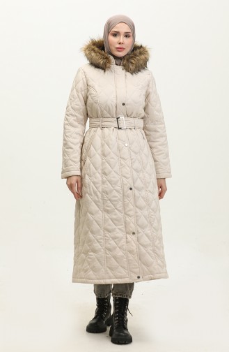 Furry Belted Quilted Coat 504223A-05 Beige 504223A-05