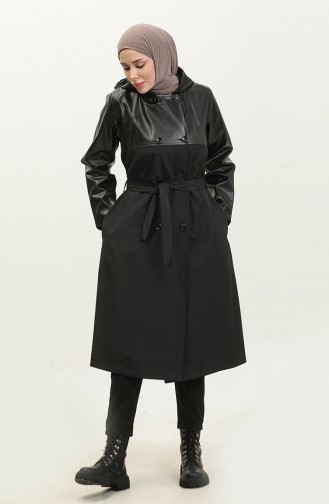 Lederdetaillierter Trenchcoat Schwarz K258 304