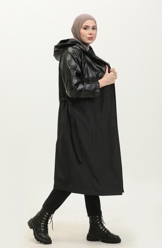 Lederdetaillierter Trenchcoat Schwarz K258 304