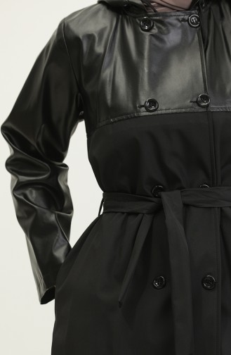 Leather Detailed Trench Coat Black K258 304