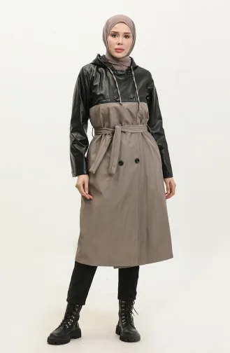 Leather Detailed Trench Coat Mink K258 305