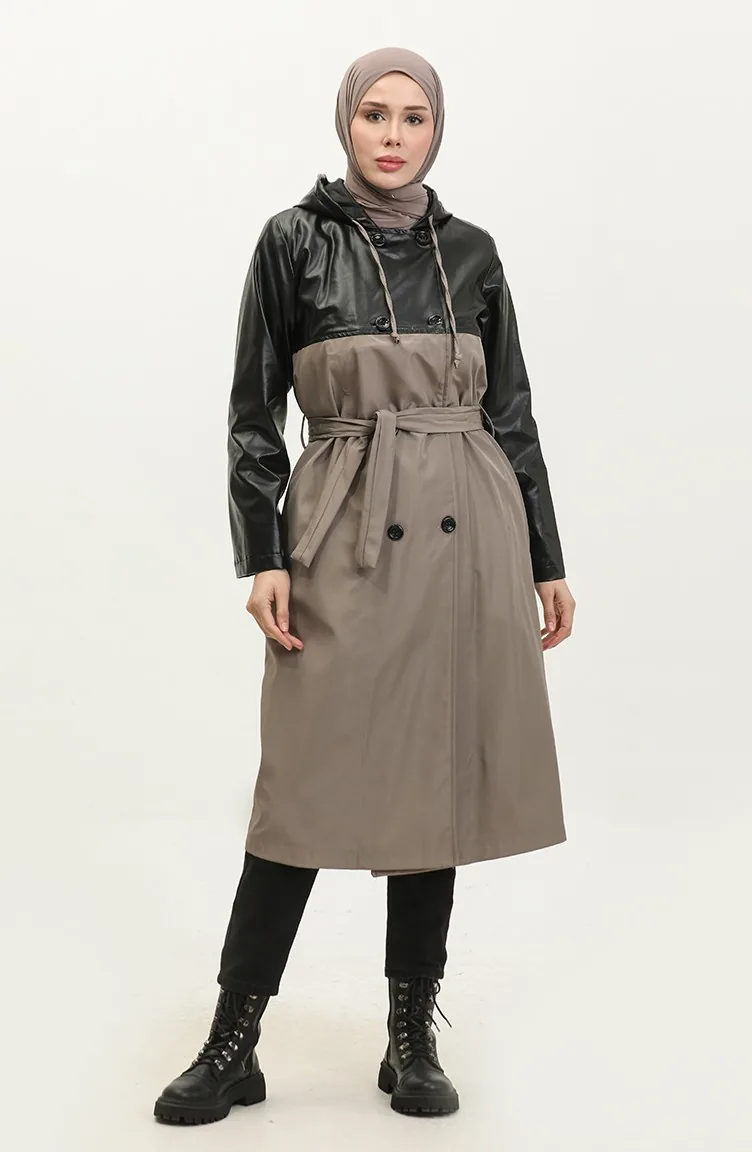 Leather Detailed Trench Coat Mink K258 305