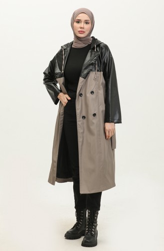 Leather Detailed Trench Coat Mink K258 305