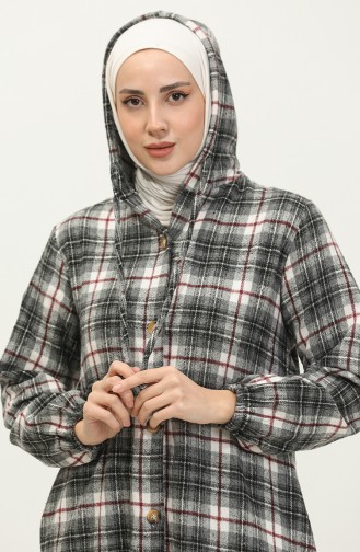 Plaid Pattern Hooded Coat NZR001D-06 Black Claret Red 001D-06