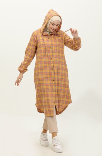 Plaid Pattern Hooded Coat 001E-03 Mustard 001E-03