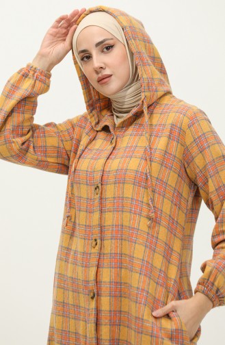 Plaid Pattern Hooded Coat 001E-03 Mustard 001E-03