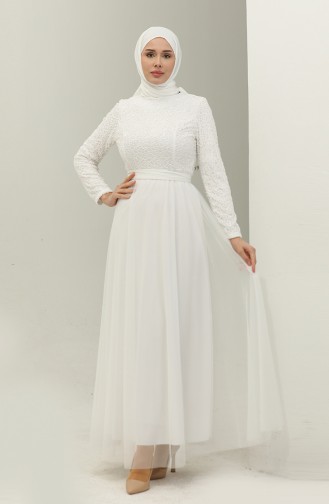 فستان سهرة دانتيل بحزام 5353A-01 أبيض  5353A-01