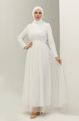 Robe De Soirée A Ceinture Et Dentelle 5353A-01 Blanc 5353A-01