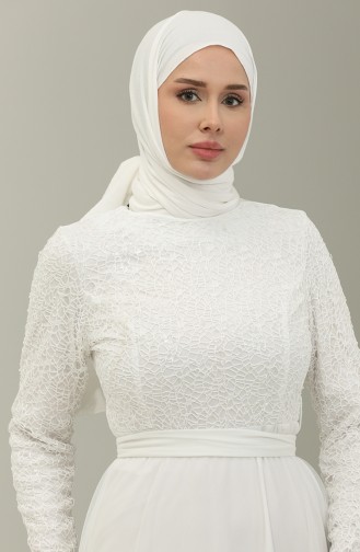 Dantelli Kuşaklı Abiye Elbise 5353A-01 Beyaz
