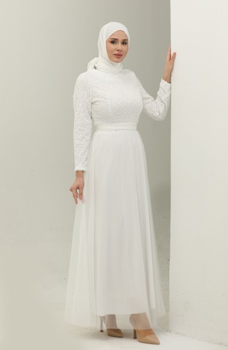 فستان سهرة دانتيل بحزام 5353A-02 أبيض وردي 5353A-02