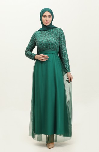 Lace Belted Evening Dress 5353A-03 Emerald Green Black 5353A-03