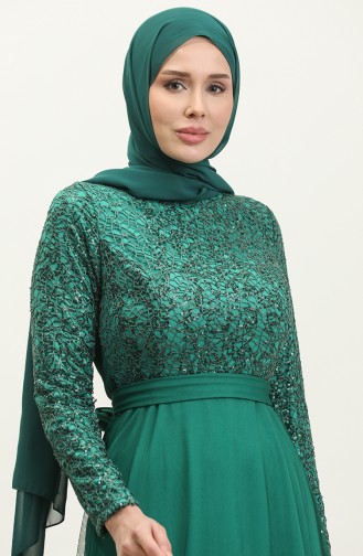 فستان سهرة دانتيل بحزام 5353A-03 أسود أخضر زمردي  5353A-03