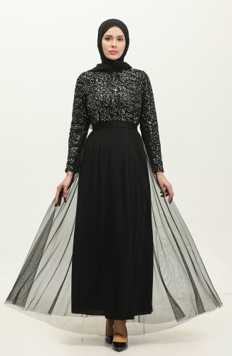 Lace Belted Evening Dress 5353A-04 Black Silver 5353A-04