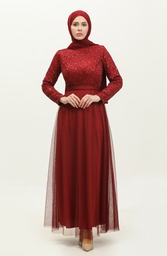 Robe De Soirée A Ceinture Et Dentelle 5353A-05 Rouge Claret 5353A-05