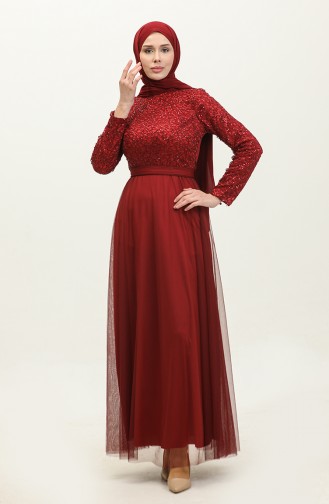 Robe De Soirée A Ceinture Et Dentelle 5353A-05 Rouge Claret 5353A-05