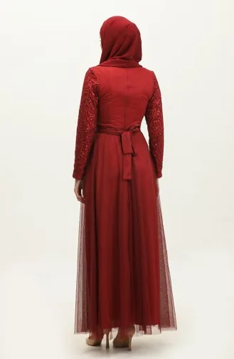 Dantelli Kuşaklı Abiye Elbise 5353A-05 Bordo