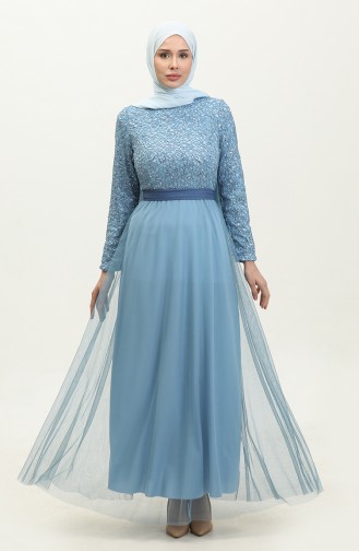 Lace Belted Evening Dress 5353A-06 İndigo 5353A-06