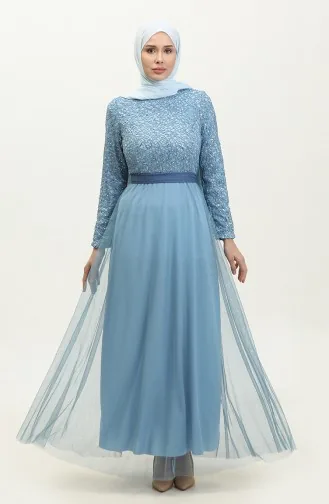 Lace Belted Evening Dress 5353A-06 İndigo 5353A-06