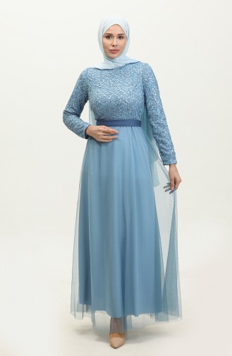 Lace Belted Evening Dress 5353A-06 İndigo 5353A-06