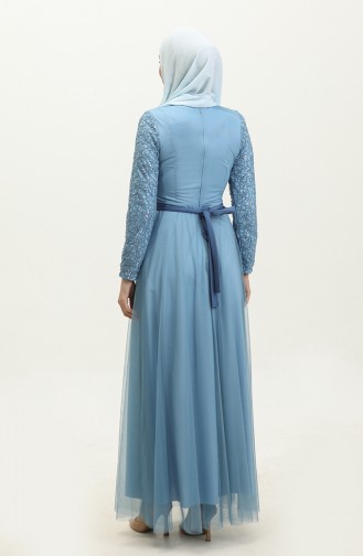 Lace Belted Evening Dress 5353A-06 İndigo 5353A-06