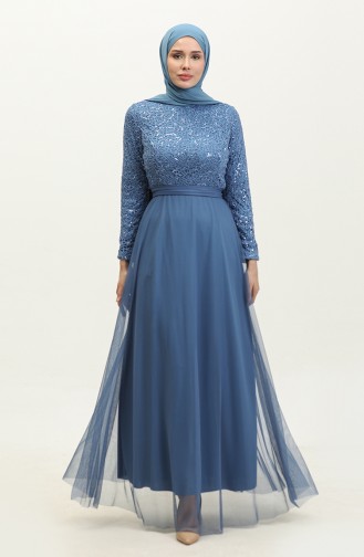 Lace Belted Evening Dress 5353A-07 Blue 5353A-07