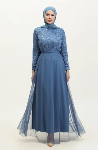 Robe De Soirée à Ceinture En Dentelle 5353A-07 Bleu 5353A-07