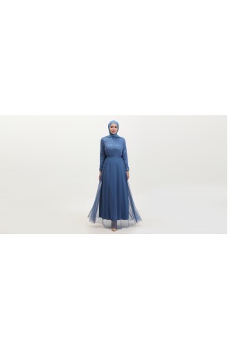 Dantelli Kuşaklı Abiye Elbise 5353A-07 Mavi