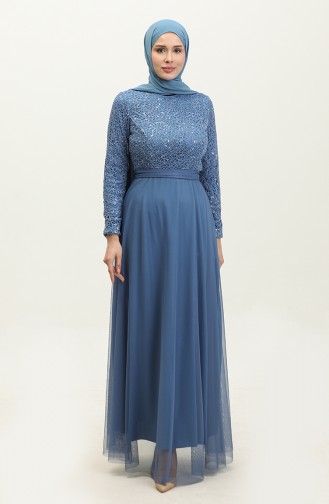 Lace Belted Evening Dress 5353A-07 Blue 5353A-07