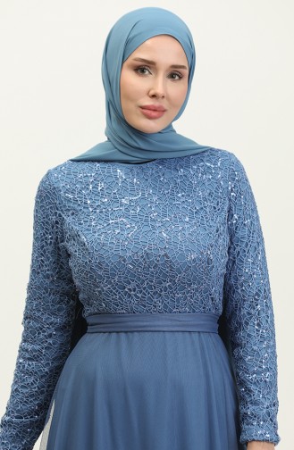 Robe De Soirée à Ceinture En Dentelle 5353A-07 Bleu 5353A-07