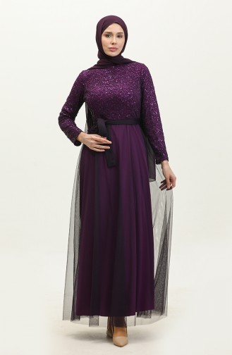 Lace Belted Evening Dress 5353A-08 Purple 5353A-08