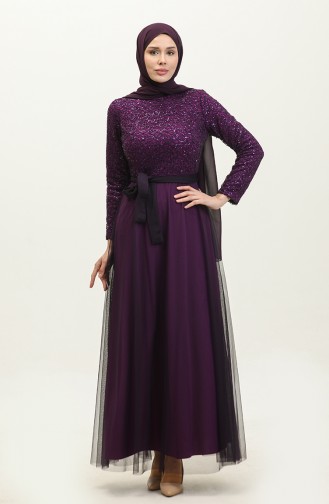 Lace Belted Evening Dress 5353A-08 Purple 5353A-08
