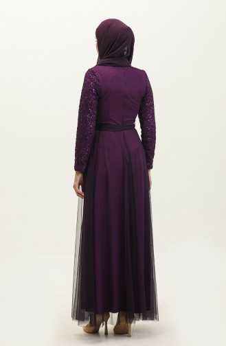 Lace Belted Evening Dress 5353A-08 Purple 5353A-08