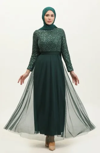 Robe De Soirée A Ceinture Et Dentelle 5353A-09 Vert Emeraude 5353A-09