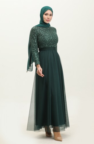 Robe De Soirée A Ceinture Et Dentelle 5353A-09 Vert Emeraude 5353A-09