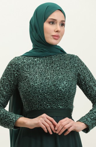 فستان سهرة دانتيل بحزام 5353A-09 أخضر زمردي 5353A-09