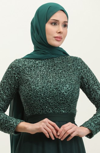 Robe De Soirée A Ceinture Et Dentelle 5353A-09 Vert Emeraude 5353A-09