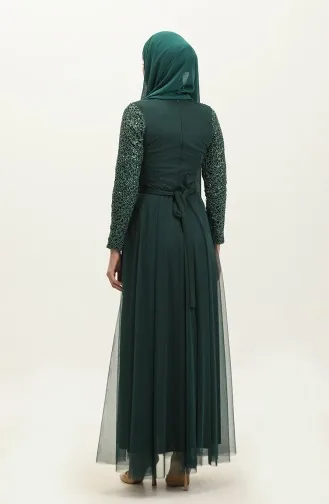 Robe De Soirée A Ceinture Et Dentelle 5353A-09 Vert Emeraude 5353A-09