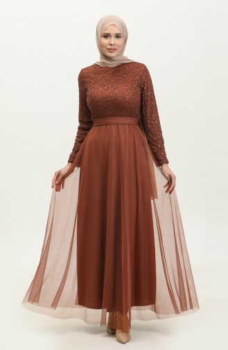 Lace Belted Evening Dress 5353A-17 Brown 5353A-17