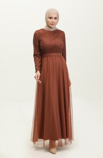 Lace Belted Evening Dress 5353A-17 Brown 5353A-17