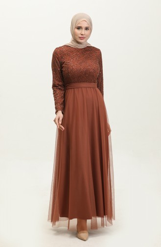 Robe De Soirée A Ceinture Et Dentelle 5353A-17 Marron 5353A-17
