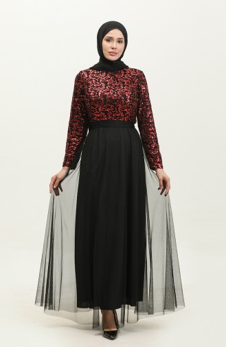 Lace Belted Evening Dress 5353A-18 Black Red 5353A-18