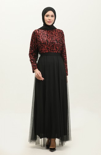 Lace Belted Evening Dress 5353A-18 Black Red 5353A-18