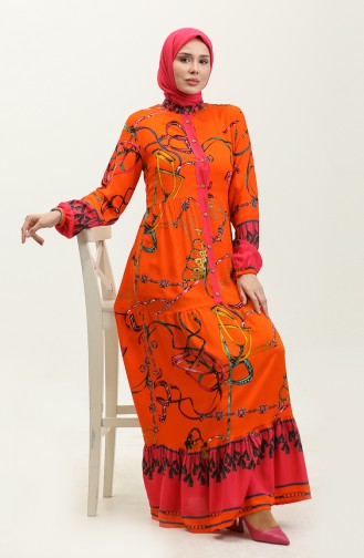Patterned Viscose Dress 0188A-01 Orange Fuchsia 0188A-01