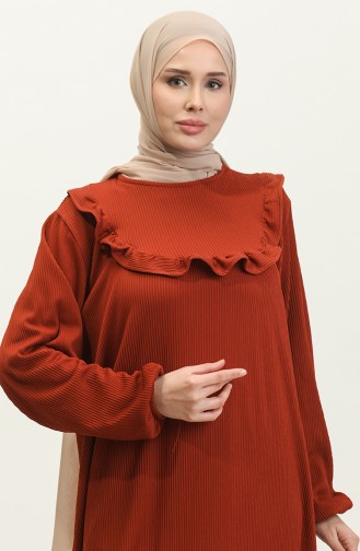 Ruffle Detailed Ribbed Dress 0315-03 Brick Red 0315-03