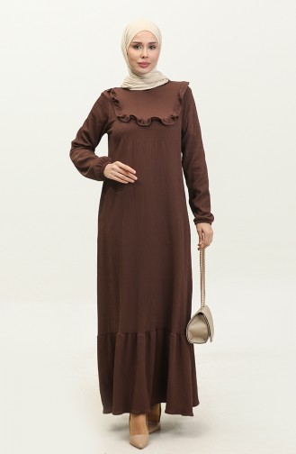 Ruffle Detailed Ribbed Dress 0315-04 Brown 0315-04