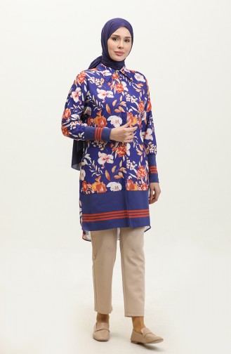 Floral Patterned Ribbed Tunic Blue T1677 519