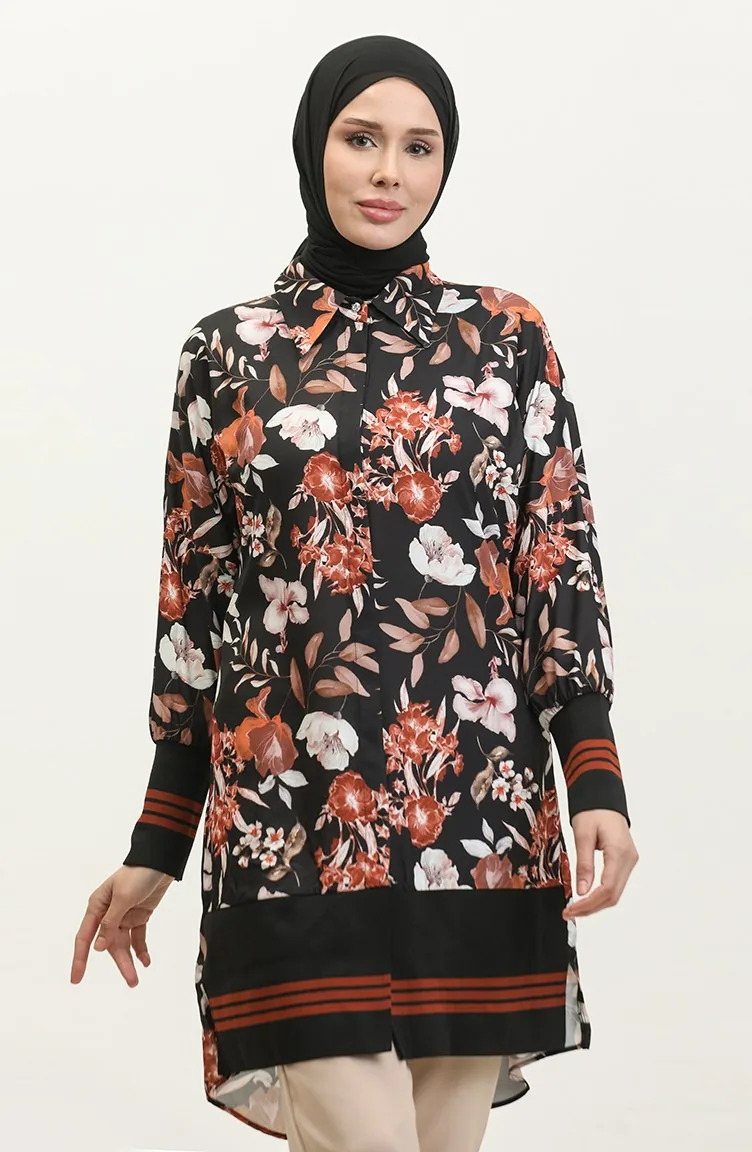 Tunique Côtelée à Motifs Floraux Noir T1677 522