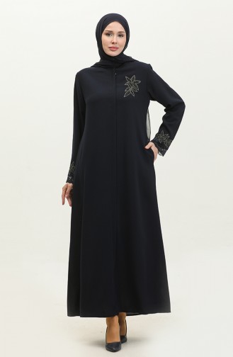 Large Size Embroidered Lace Detailed Abaya 5065-02 Navy Blue 5065-02