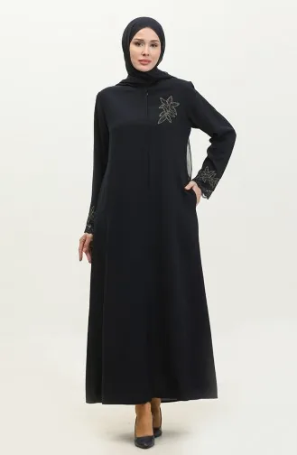 Abaya Détail Dentelle Brodée Grande Taille 5065-02 Bleu Marine 5065-02